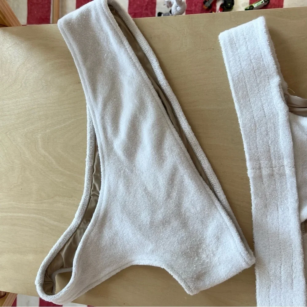 Frankies Bikinis Barb White Terry One Shoulder Top and Bottoms